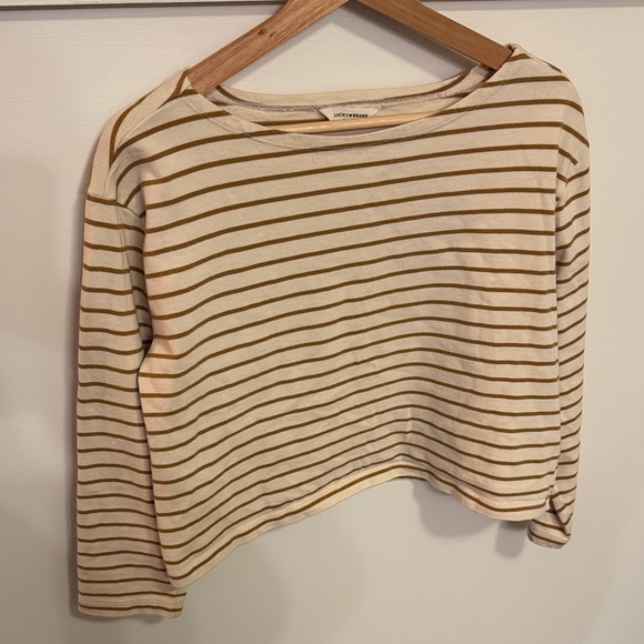 Lucky Brand Women’s Cotton Striped Cropped Long Sleeve Cream Brown Top Tee Y2K M - Picture 3 of 4